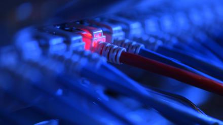 Ein Netzwerk-Kabelstecker leuchtet in der Netzwerkzentrale der Messe zu Kontrollzwecken rot. (zu dpa "Neues IT-Sicherheitsgesetz kommt nicht mehr vor Sommer") +++ dpa-Bildfunk +++