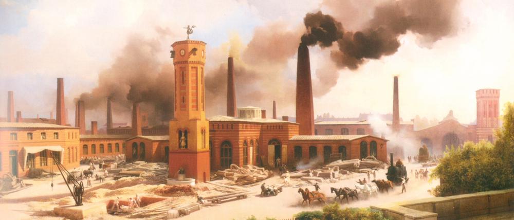 „Feuerland“ nannte man die Gegend um die Chausseestraße Mitte des 19. Jahrhunderts. Hier nahm die deutsche Schwerindustrie ihren Anfang – mit viel Rauch und Getöse, wie Eduard Biermanns Gemälde „Borsig’s Maschinenbauanstalt zu Berlin“ von 1847 zeigt. 