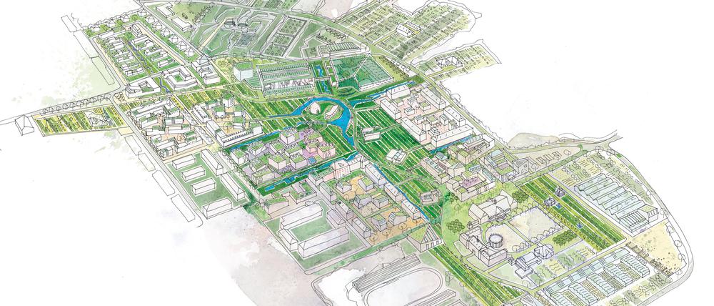 In dem Entwurf für die Eco City Wünsdorf rund um die ehemalige Kaserne haben die Planer unter anderen eine Akademie, ein Forschungszentrum, Sportstätten, ein interreligiöses Zentrum, einen Bauhof, Wohnungen, eine Pfanzenkläranlage, Gewächshäuser sowie ein Mobilitätszentrum geplant. 