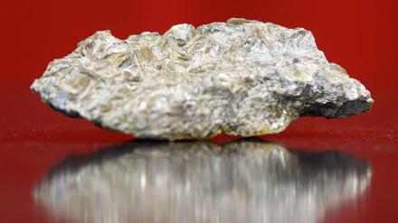 Ein mit Lithium durchsetztes Stück Erz. Rock Tech Lithium baut das Leichtmetall in einer Mine in Kanada ab.