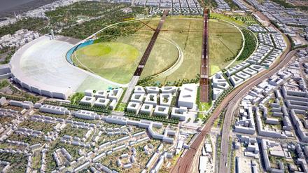 Zwei Pisten, viele Ideen. So sah ein 2013 diskutierter Bebauungsentwurf des Senats für den Flughafen Tempelhof aus.
