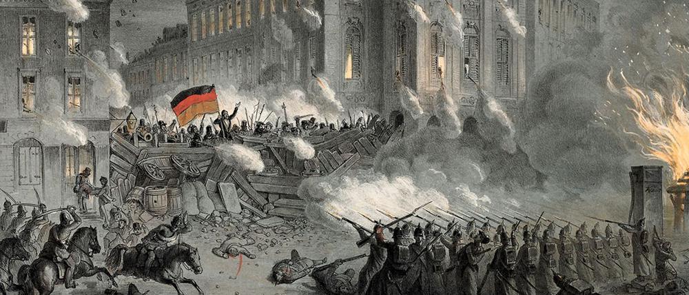 Berliner Barrikadenkampf am Alexanderplatz, 1848.