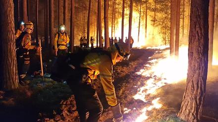 Kontrolliert. Einsatzkräfte der Hilfsorganisation @fire legen Gegenfeuer, um eine weitere Ausbreitung des Waldbrandes bei Beelitz zu verhindern und die Feuerwehr bei der Brand-Bekämpfung zu unterstützen. Am Montagmorgen half schließlich der Regen, das Feuer endgültig unter Kontrolle zu bringen.