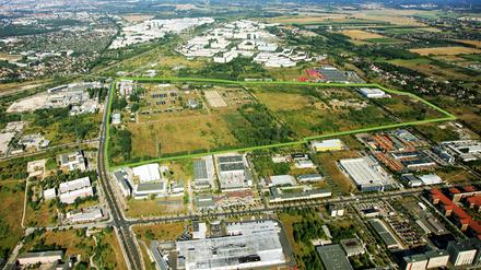 Luftaufnahme vom CleanTech Business Park im Berliner Ortsteil Marzahn im Nordosten der Hauptstadt.