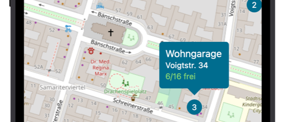 Auf der Plattform „Kiez-Marktplatz“ sollen Anwohner:innen im Friedrichshainer Samariterkiez nicht nur freie Parkplätze in der Nähe finden, sondern auch Alternativen zum Autofahren. 