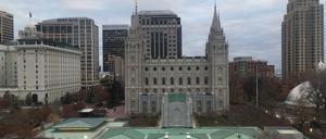 Das Stadtbild von Salt Lake City. Im Mittelpunkt: Temple Square mit der wichtigsten Glaubensstätte der Mormonen.