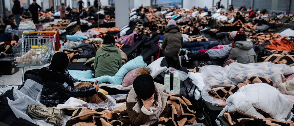 Im polnischen Mylny ruhen sich Menschen auf der Flucht in einem Einkaufszentrum aus, das für die vorübergehende Aufnahme von Flüchtlingen aus der Ukraine bestimmt ist. 