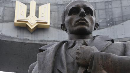 A statue of Stepan Bandera is seen in the Ukrainian city of Lviv.