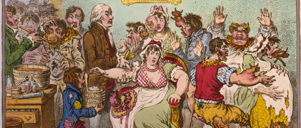 „Die wundervollen Effekte der neuen Impfung“ heißt dieses 219 Jahre alte Bild von James Gillray. Es zeigt Jenner bei der Arbeit – und dessen „Opfer“.