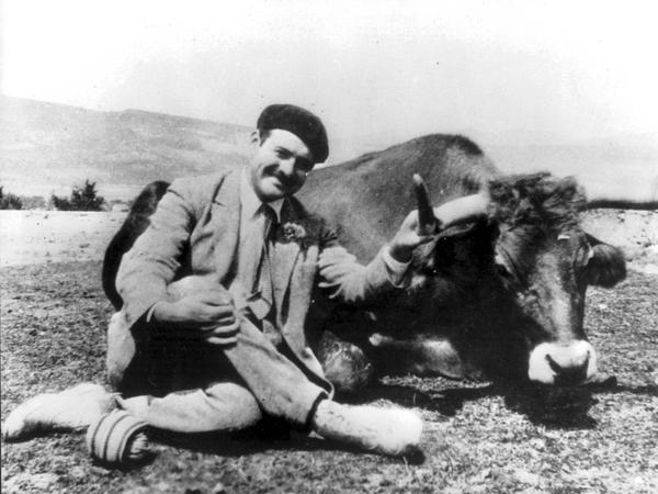 Hemingway posiert 1938 in Mexico neben einem Stier.