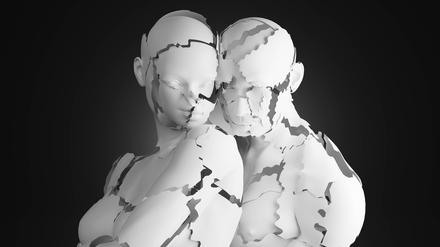 Three dimensional render of fractured man and woman standing together SPCF01435 