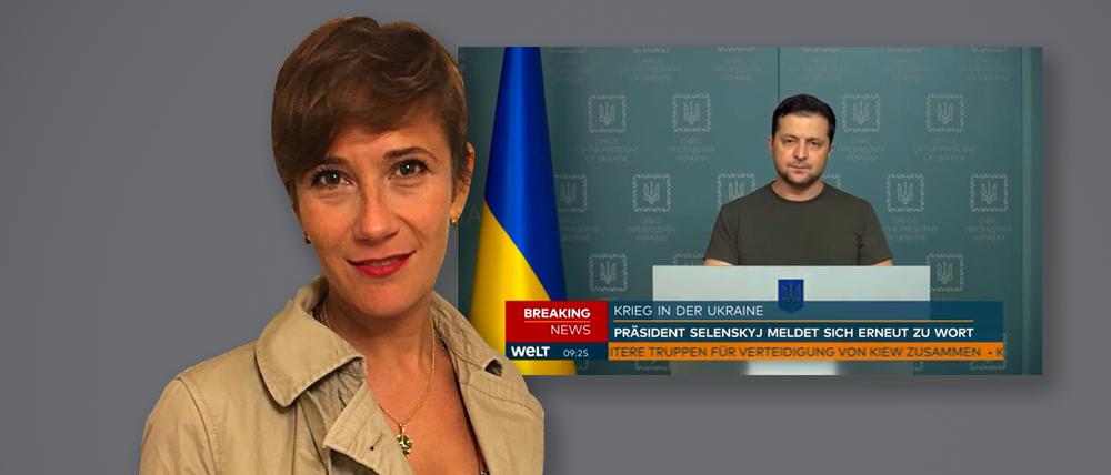 Die Übersetzerin Kateryna Rietz-Rakul kämpfte während der Rede des ukrainischen Präsidenten Wolodymyr Selenskyj am 27. Februar mit den Tränen.
