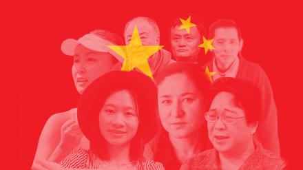 Vermisst, verschleppt, verschwunden: Sophia Huang Xueqin, Peng Shuai, Ai Weiwei, Jack Ma, Fang Bin, Gui Minhai, Rahile Dawut (von links unten, im Uhrzeigersinn).