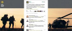 Teil der Propaganda. Ein Screenshot vom Donnerstag zeigt eine deutsche Internetseite von Twitter, auf der die israelischen Streitkräfte (IDF) ihren Angriff auf Gaza mitteilen.Foto: dpa