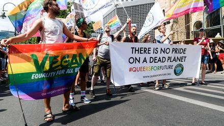 Auch beim CSD 2019 in Berlin protestierten Teilnehmer*innen unter dem Slogan„There is no Pride on a Dead Planet“.