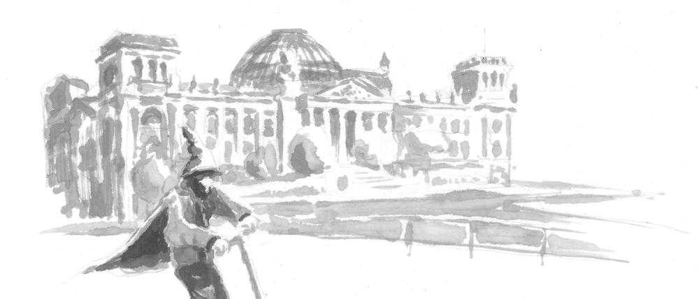 Schrat macht es möglich: Ein Zwerg fährt auf einem E-Roller vor dem Reichstag entlang.