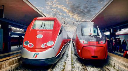 Ein Frecciarossa-Schnellzug der Ex-Staatsbahn Trenitalia (links) und ein schneller der privaten Konkurrenz Italo. Italo verbannt Räder nicht.