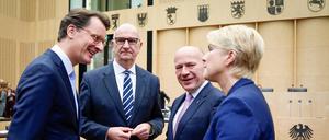 Würden Finanzminister Christian Lindner gern stolpern lassen: die Länderregierungschefs Hendrik Wüst (CDU), Dietmar Woidke (SPD), Kai Wegner (CDU) und Ministerpräsidentin Manuela Schwesig (SPD).