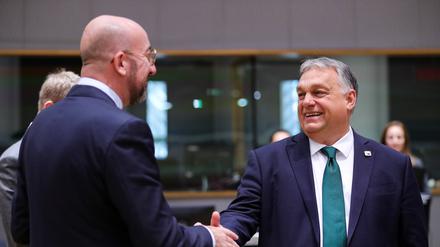 EU-Ratspräsident Charles Michel und der ungarische Premier Viktor Orbán auf einem EU-Gipfel.