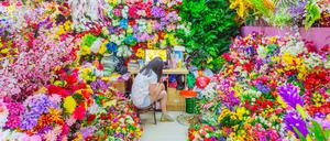 Für die Ewigkeit gemacht. Ein Stand für Kunstblumen in der chinesischen Stadt Yiwu.