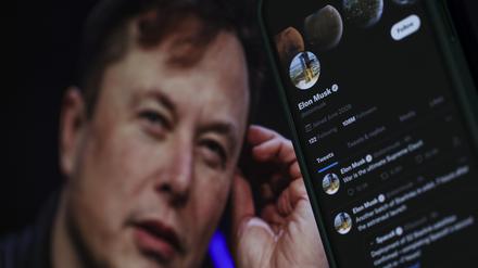 Die Bildkombo zeigt Elon Musk neben seinem auf einem Handy abgebildeten Twitter-Profil.