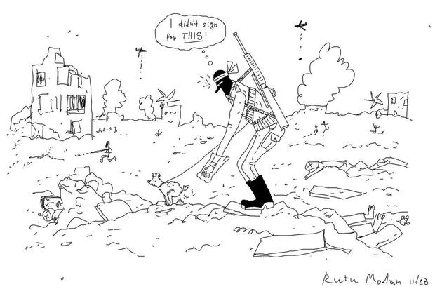 „Dafür habe ich mich nicht gemeldet!“ Rutu Modans Karikatur eines Hamas-Kämpfers in den Ruinen von Gaza provozierte kontroverse Reaktionen.