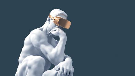 Sculpture Thinker With Golden VR Glasses On Blue Background. 3D Illustration.