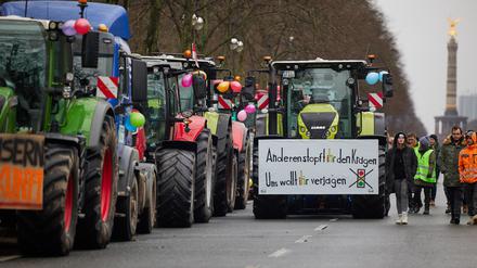 Landwirte stehen mit ihren Traktoren auf der Straße des 17. Juni. Viele Landwirte haben sich bereits auf den Weg nach Berlin gemacht, um bei der Groß-Demonstration gegen den geplanten Stopp der Agrardiesel-Subvention am kommenden Montag zu demonstrieren.