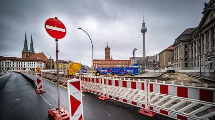 Baustelle des neuen Quartiers Molkenmarkt hinter dem Roten Rathaus in Berlin