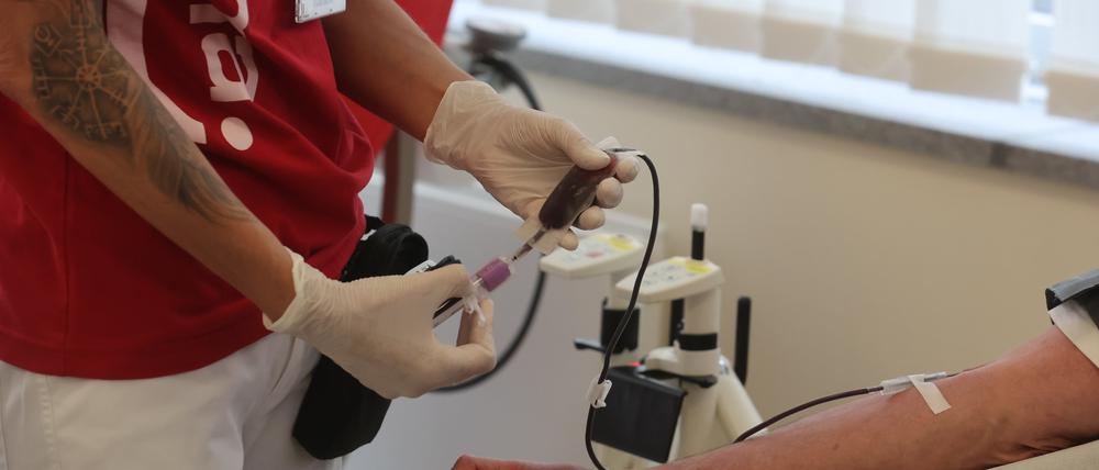 Eine Krankenpflegerin hält Geräte zur Blutspende in der Hand in einem Raum in einem Blutspendezentrum. 