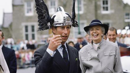SHETLAND ISLES, SCOTLAND - JULY 24:  Prince Charles Trying On A Viking Helmet During A Visit To The Shetland Isles, Scotland.  (Photo by Tim Graham Photo Library via Getty Images)