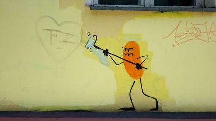 Hinfort, Graffiti! Eine kreative Intervention des Künstlers „Dave the Chimp“
gegens Spießertum in Neukölln.