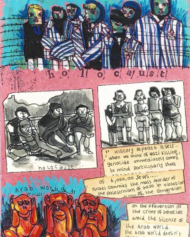 Holocaust-Relativierung: Eine Seite der Comic-Kurzgeschichte „Genozid“ von Mai Koraiem, die eigentlich im aktuellen Heft des Magazins „Strapazin“ erscheinen sollte, aber von Teilen der Redaktion abgelehnt wurde.