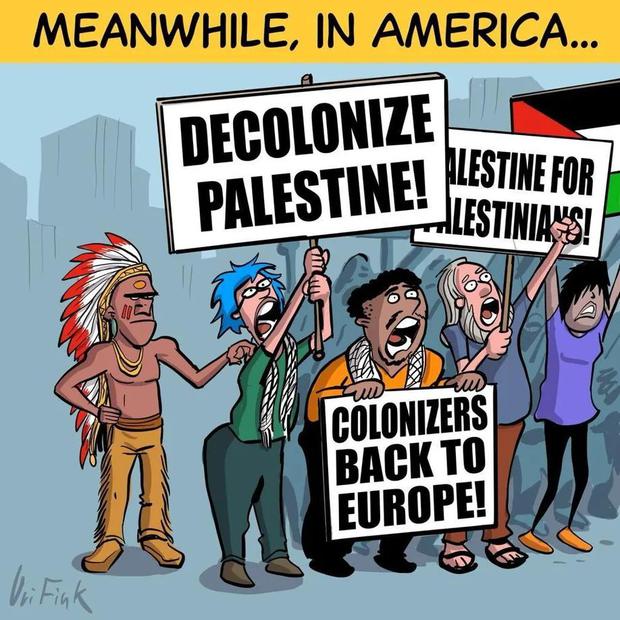 Perspektivwechsel: Eine Karikatur von Uri Fink zum Protest antikolonialer Gruppen in Nordamerika gegen Israel.