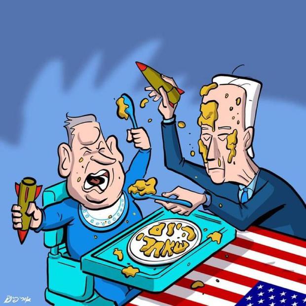 Eine aktuelle Karikatur von Uri Fink zur Politik von US-Präsident Joe Biden gegenüber der Netanjahu-Regierung.