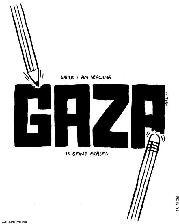 „Während ich Gaza zeichne, wird es ausradiert“: Immer wieder kombiniert Kerbaj in seinen Arbeiten Worte und Bilder zu prägnanten grafischen Botschaften wie dieser.