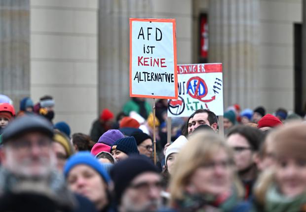 Teilnehmer der Kundgebung brachten unter anderem Plakate mit Aufschriften wie „AfD ist keine Alternative“ mit vor das Brandenburger Tor.