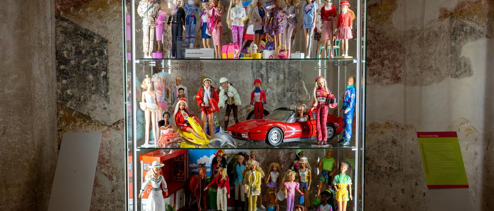 In einer Vitrine drängen sich zahlreiche Barbie-Puppen aneinander. 
