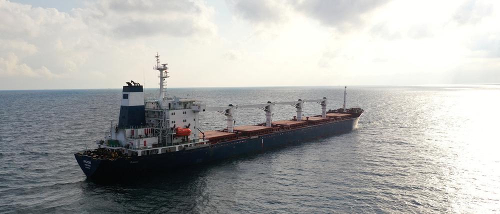 FILE PHOTO: The Sierra Leone-flagged cargo ship Razoni, carrying Ukrainian grain, is seen in the Black Sea off Kilyos, near Istanbul, Turkey August 3, 2022. REUTERS/Mehmet Emin Caliskan/File Photo