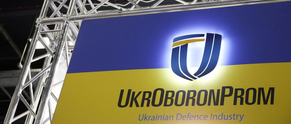 FILE PHOTO: Ukrainian UkrOboronProm logo is pictured at their stand inside a hall of the 30th International Defence Industry Exhibition in Kielce, Poland September 5, 2022. REUTERS/Kacper Pempel/File Photo