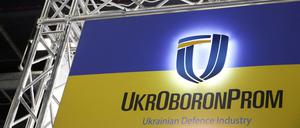 FILE PHOTO: Ukrainian UkrOboronProm logo is pictured at their stand inside a hall of the 30th International Defence Industry Exhibition in Kielce, Poland September 5, 2022. REUTERS/Kacper Pempel/File Photo