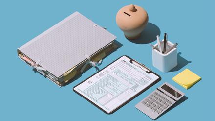 Filing the 1040 individual income tax return form on the office desk, finance and accounting concept, isometric objects