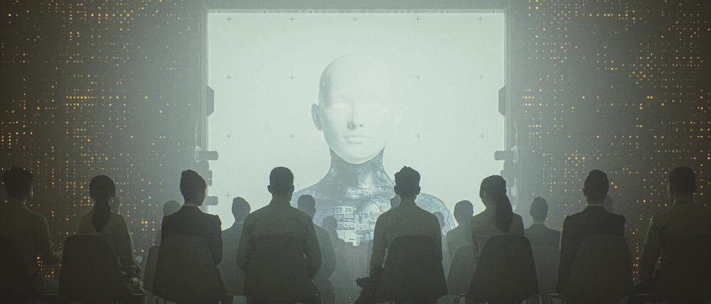 Futuristic cyborg religion and control. Image on the projection screen is my own render, already approved and in my portfolio. This is entirely 3D generated image.
