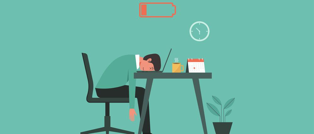 Professional burnout syndrome concept. Tired or exhausted man with low energy battery sitting at the office and working on laptop computer in workplace, vector illustration
