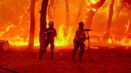 Mittlerweile brennen am Mittelmeer jeden Sommer die Wälder, wie hier auf der griechischen Insel Lesbos. Aber auch in Deutschland wächst durch Trockenheit die Brandgefahr.