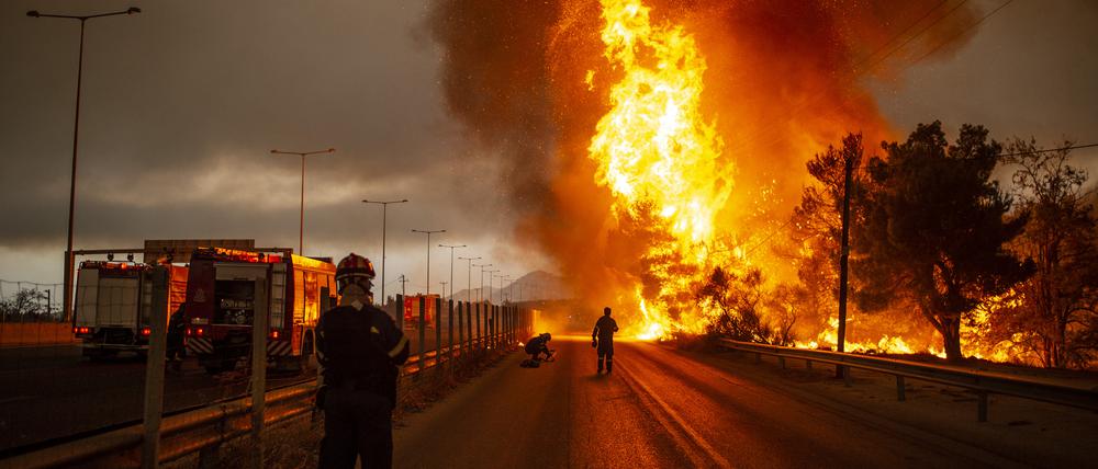 Griechische Feuerwehrleute haben in diesen Tagen auch rund um Athen kaum eine Pause. Hier bekämpfen sie einen Waldbrand nördlich der griechischen Hauptstadt.