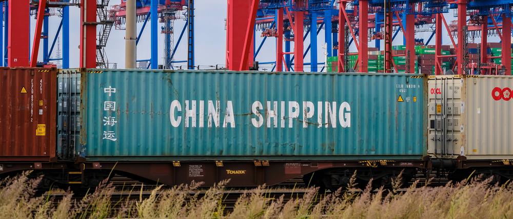 Ein „China Shipping“ Seecontainer auf einem Güterzug im Hamburger Hafen.