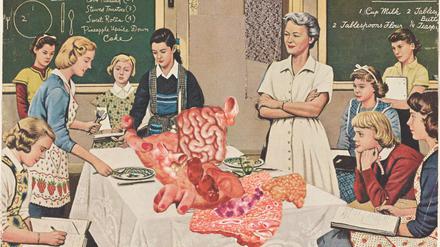 Grosz verwurstet, was auf den Tisch kommt: „Cookery Class“, 1958, Collage