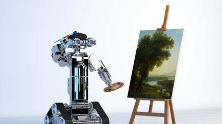 Roboter-Maler malt auf einer Leinwand 
