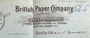 Rechnung des Berliner-Toilettenpapier- und Rollenhalter-Herstellers British Paper Company aus dem Jahr 1910.  